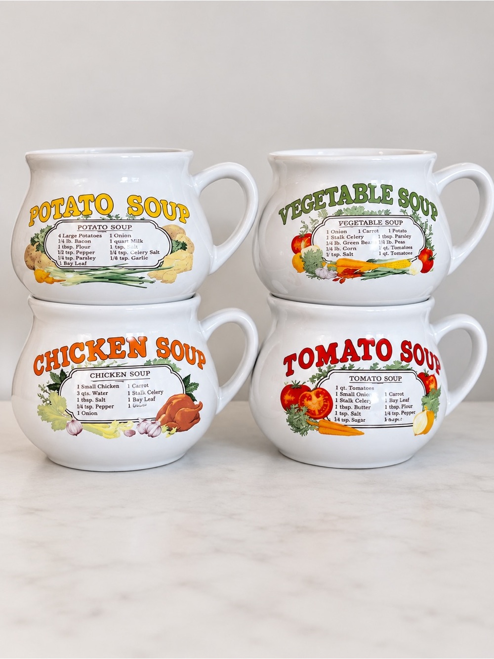 Soup Mug Set - White Ceramic Vegetable, Potato, Chicken, Tomato Designs